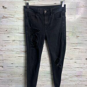 American Eagle Outfitters High Rise Jeggings Black Jeans 6 short distressed